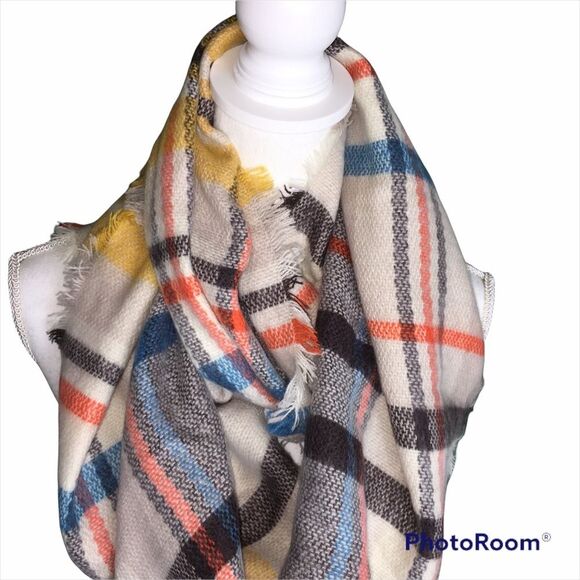 Plaid Wide Infinity Scarf Fall Colors Brown Orange Mustard Yellow Blanket - Picture 2 of 5